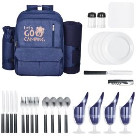 Picnic Backpack, Beach Picnic Backpack Bag for 4 Person with Insulated Cooler Compartment, Detachable Bottle/Wine Holder, Lightweight Blanket
