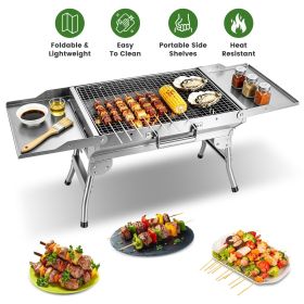 Foldable Charcoal Grill Portable BBQ Grill with Storage Shelf, Carry Handle, Air Vent Design, Chrome-Plated Grill Grate, 10 Skewers (Color: Silver)