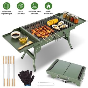 Foldable Charcoal Grill Portable BBQ Grill with Storage Shelf, Carry Handle, Air Vent Design, Chrome-Plated Grill Grate, 10 Skewers (Color: Army Green)