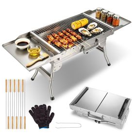 Foldable Charcoal Grill Portable BBQ Grill with Storage Shelf, Carry Handle, Air Vent Design, Chrome-Plated Grill Grate, 10 Skewers, Outdoor Barbecue (Color: Silvery)